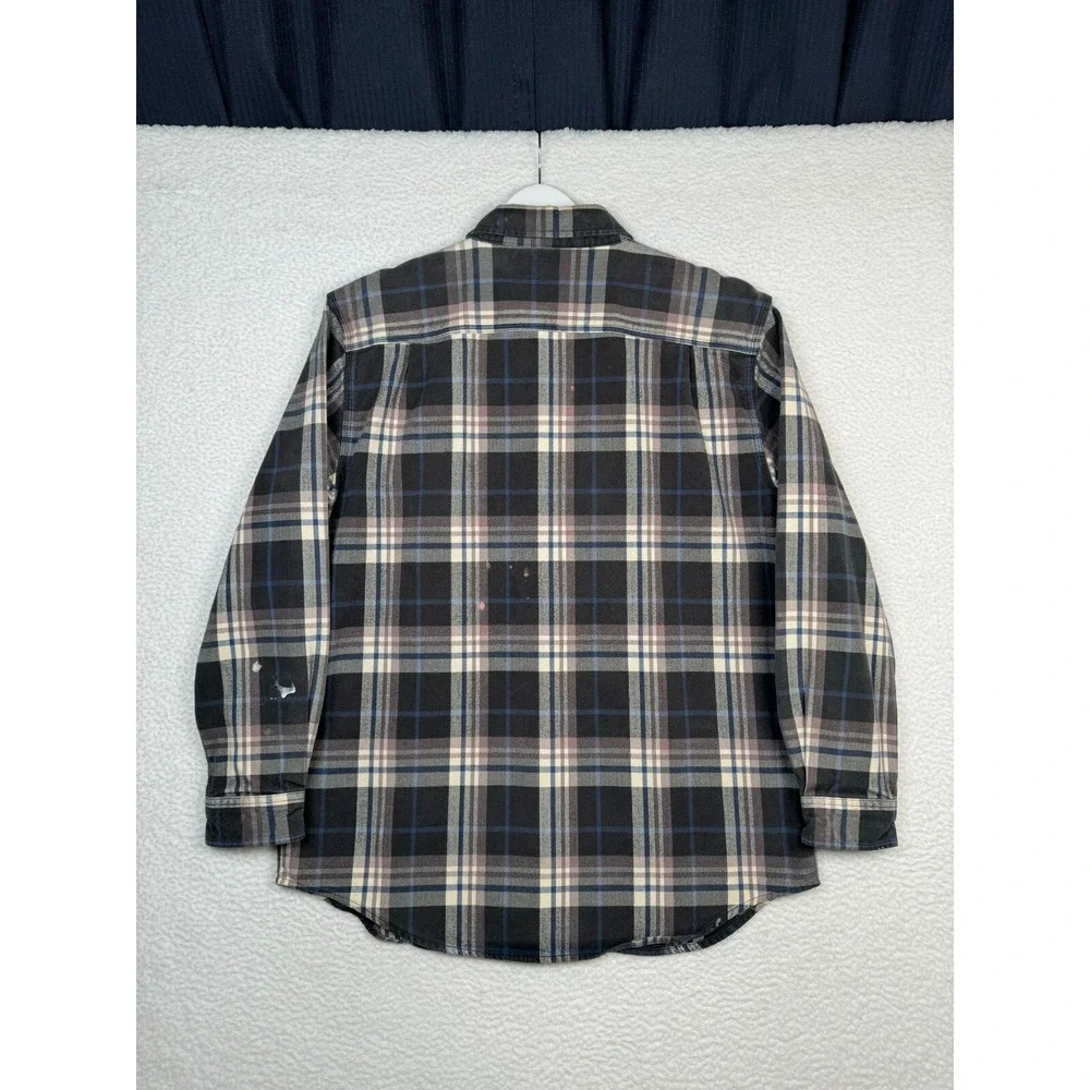 Carhartt Flannel Button Up Plaid Shirt - Men's L - Faded Distressed- Black Brown